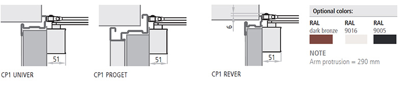 Amortizorul CP1 poate fi folosit la usile antifoc si trecut in categoria deschiderilor de 180°, cu o forta de inchidere variind de la 3 la 4. Usile Proget comandate cu amortizor CP1 sunt furnizate prevazute cu gauri de instalare pe canat si pe toc. Usiles tandard Rever, Univer si Proget sunt ranforsate intern pentru aplicarea amortizorului CP1.