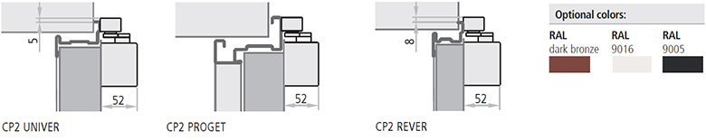 Amortizorul CP2 este util la usile antifoc si clasificat cu unghi de deschidere de 180° cu forta de inchidere de nivel 4. Usile Proget comandate cu amortizorul CP2 sunt prevazute cu gauri de instalare pe canat si in toc. Usile standard Rever, Univer si Proget includ ranforsari intern pentru aplicatiile CP2.