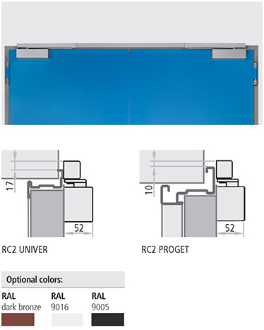 Regulatorul RC2 este implementat in amortizor si consta in 2 modele CP2 cu forta EN 4 cu sina de ghidaj si regulator integrat in sina superioara. Sistemul are integral culoarea argintie. Latimea minima a golului de trecere este de 1200 mm si minimul pentru canatul secundar de 370 mm. Usile Proget comandate cu sistem RC2 sunt prevazute cu gauri de instalare pentru 2 amortizoare CP2 pe canaturi si pe canelul de glisare in toc. Gaurile de instalare din usile Univer vor fi facute la locul de montaj pentru ancorare in ranforsarea interna a canatelor.