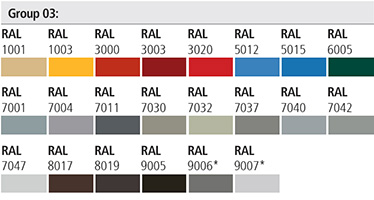 Vopselele de interior (grupele 02 si 03) sunt disponibile in toata gama de culori RAL, pentru aplicare in camp electrostatic. Usile trebuie protejate de agentii atmosferici. Lumina solara scade din tonul culorilor.
