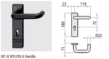  maner M1R accesorii o pereche de manere tip “U” din nylon negru, o pereche de silduri in nylon negru cu orificiu ajustabil pentru cilindrii de profil Euro cu cheie patent, drucker de 9 x 9 de 125 mm, suruburi de montaj rapid si distantiere.